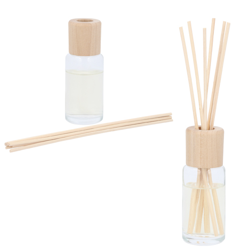 CP-034, Difusor de aromas con envase de vidrio, tapón antiderrames de plástico y tapa con 6 varitas de madera.